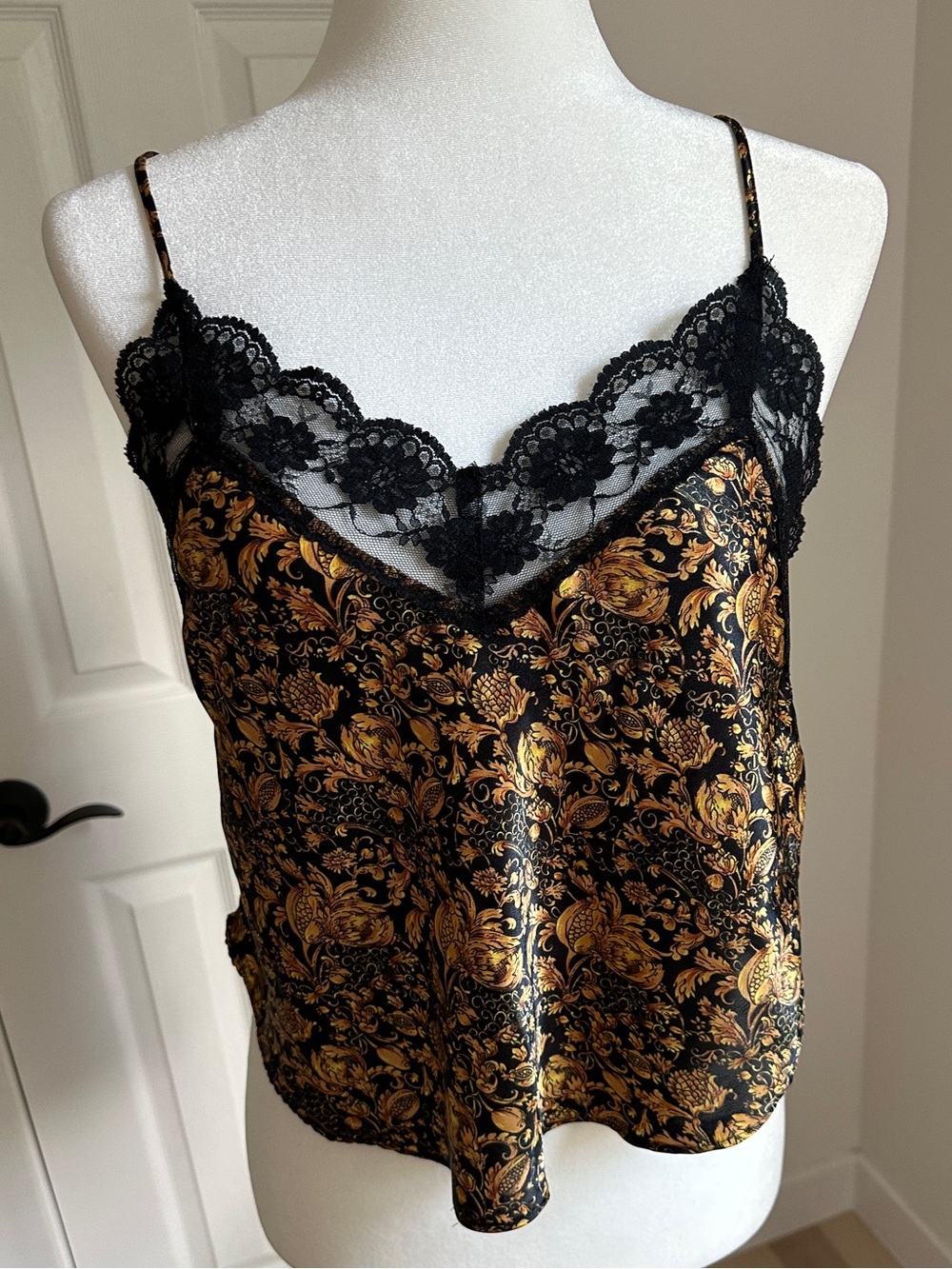 Vintage Gold Baroque Satin Lace Camisole Cami Top Womens Large Dolce Style